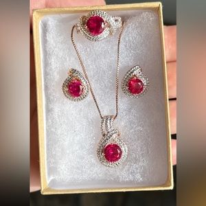 Rose Gold & Silver Ruby 4pc Jewelry set